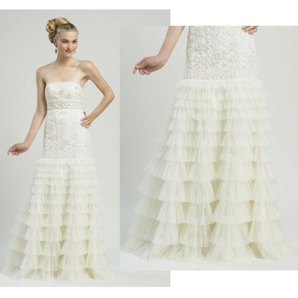SUE WONG GOWN RUFFLE TIERED SKIRT BEADED WHITE WEDDING DRESS STRAPLESS sz 10 - Picture 1 of 12